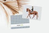 Horse and Rider on Blue Plaid, equestrian greeting card, blank everyday card | Horse + Whiskey Collection