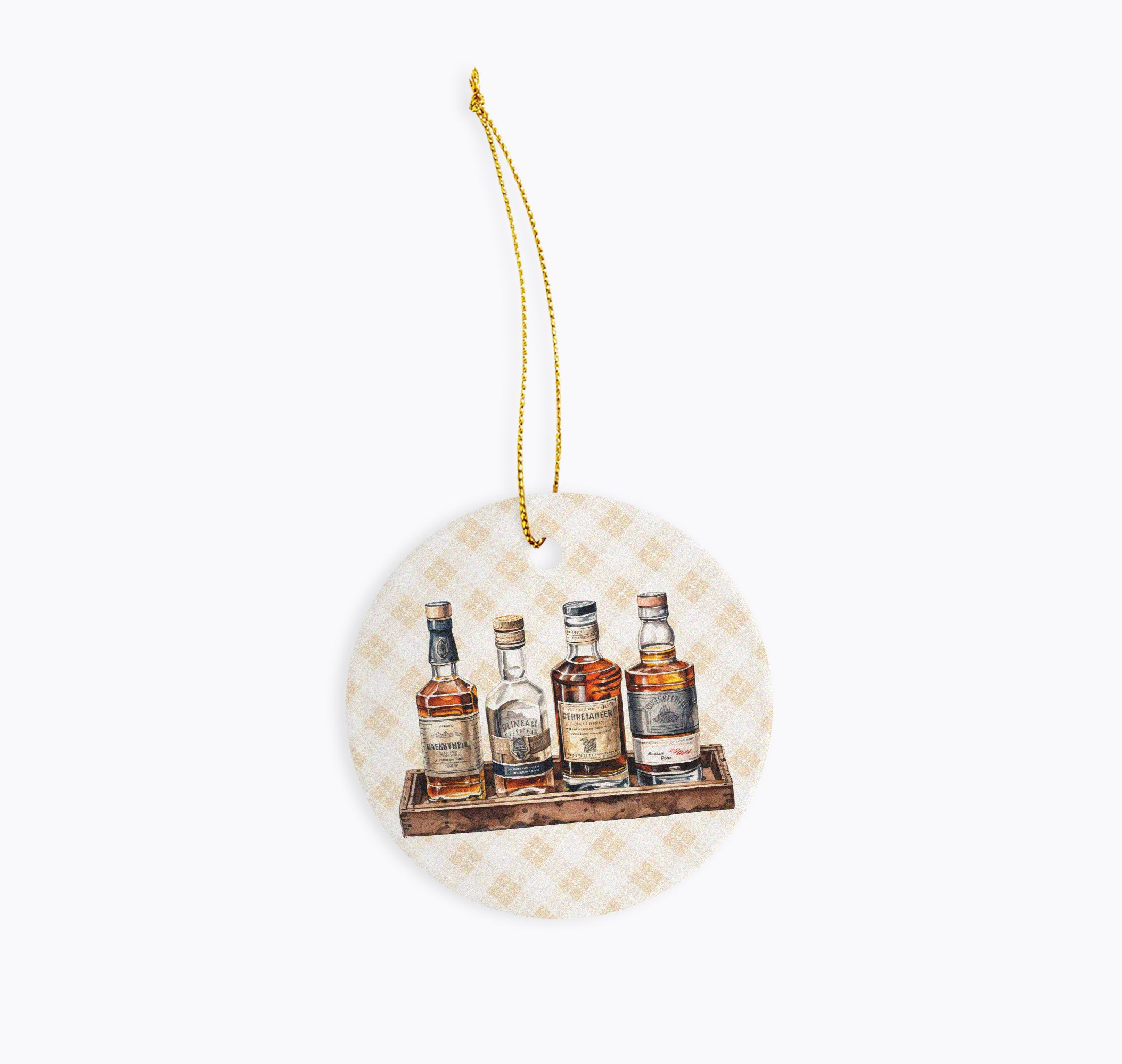 Whiskey Ornament - Charming ceramic holiday decoration, features whiskey bottles on yellow plaid, perfect for festive cheer gifts!