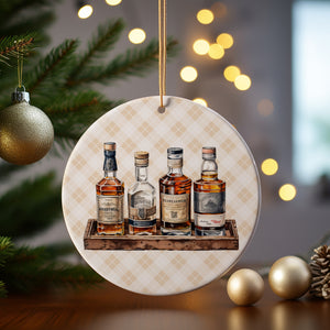 Whiskey Ornament - Charming ceramic holiday decoration, features whiskey bottles on yellow plaid, perfect for festive cheer gifts!