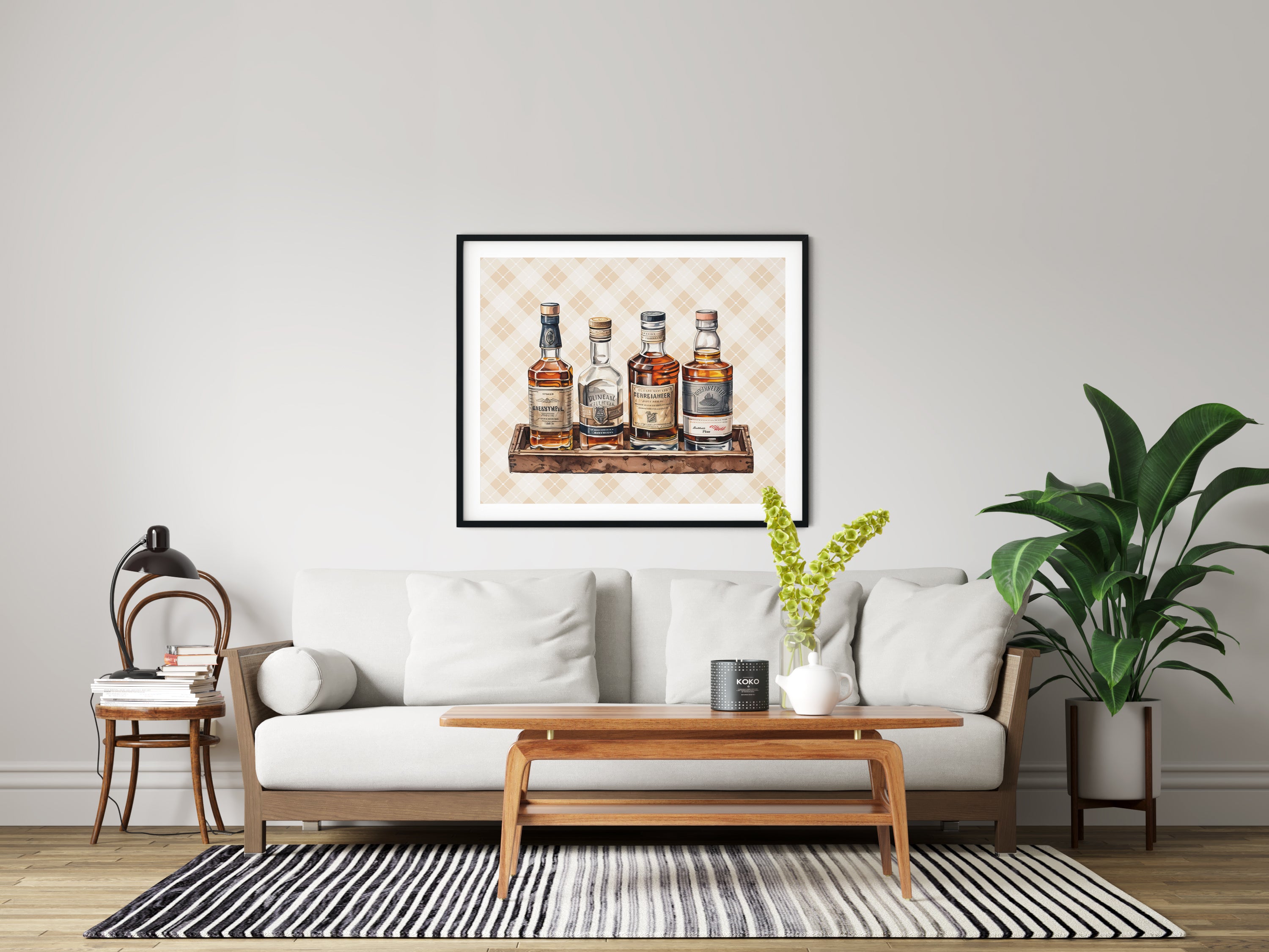 Whiskey Bottles Watercolor Art Print – Rustic Row on Brown Tray with Soft Yellow Plaid Background | Vertical & Horizontal Options | Horse and Whiskey Collection