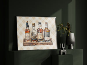 Whiskey Bottles Watercolor Art Print – Rustic Row on Brown Tray with Soft Yellow Plaid Background | Vertical & Horizontal Options | Horse and Whiskey Collection