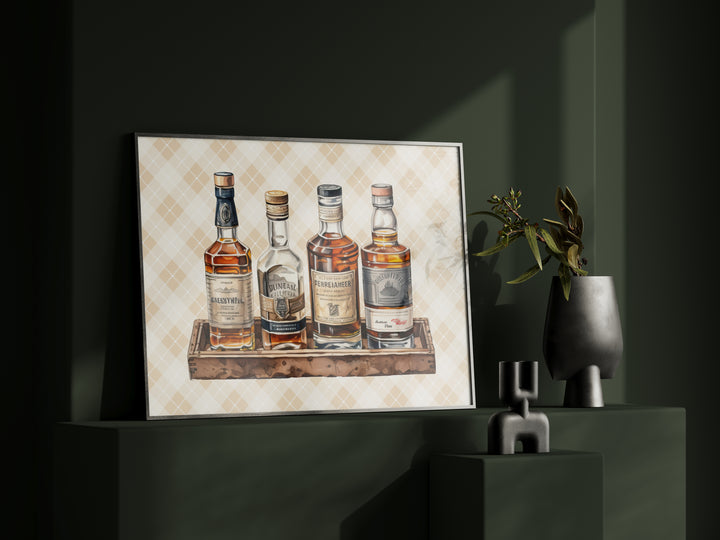 Whiskey Bottles Watercolor Art Print – Rustic Row on Brown Tray with Soft Yellow Plaid Background | Vertical & Horizontal Options | Horse and Whiskey Collection