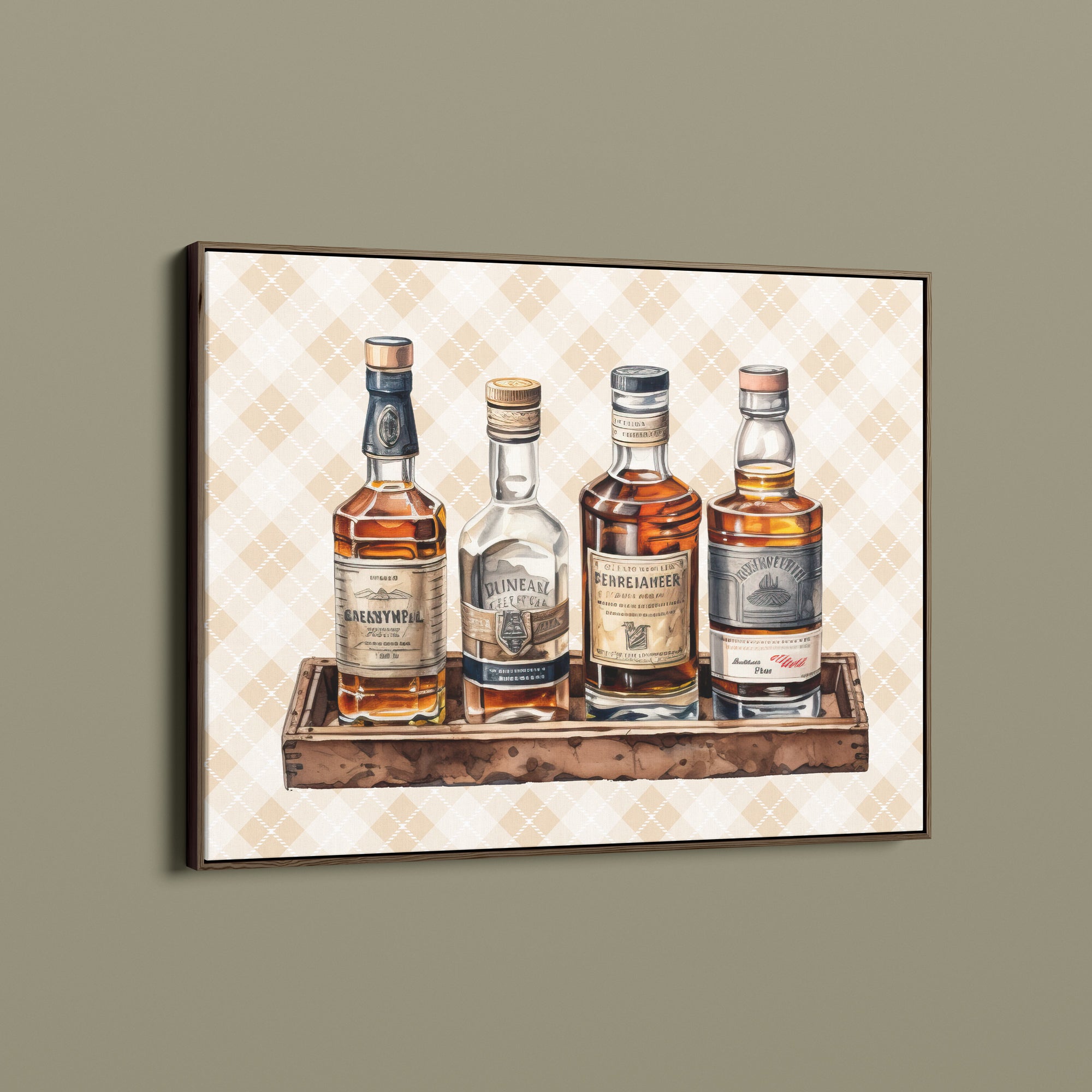 Whiskey Bottles Watercolor Art Print – Rustic Row on Brown Tray with Soft Yellow Plaid Background | Vertical & Horizontal Options | Horse and Whiskey Collection