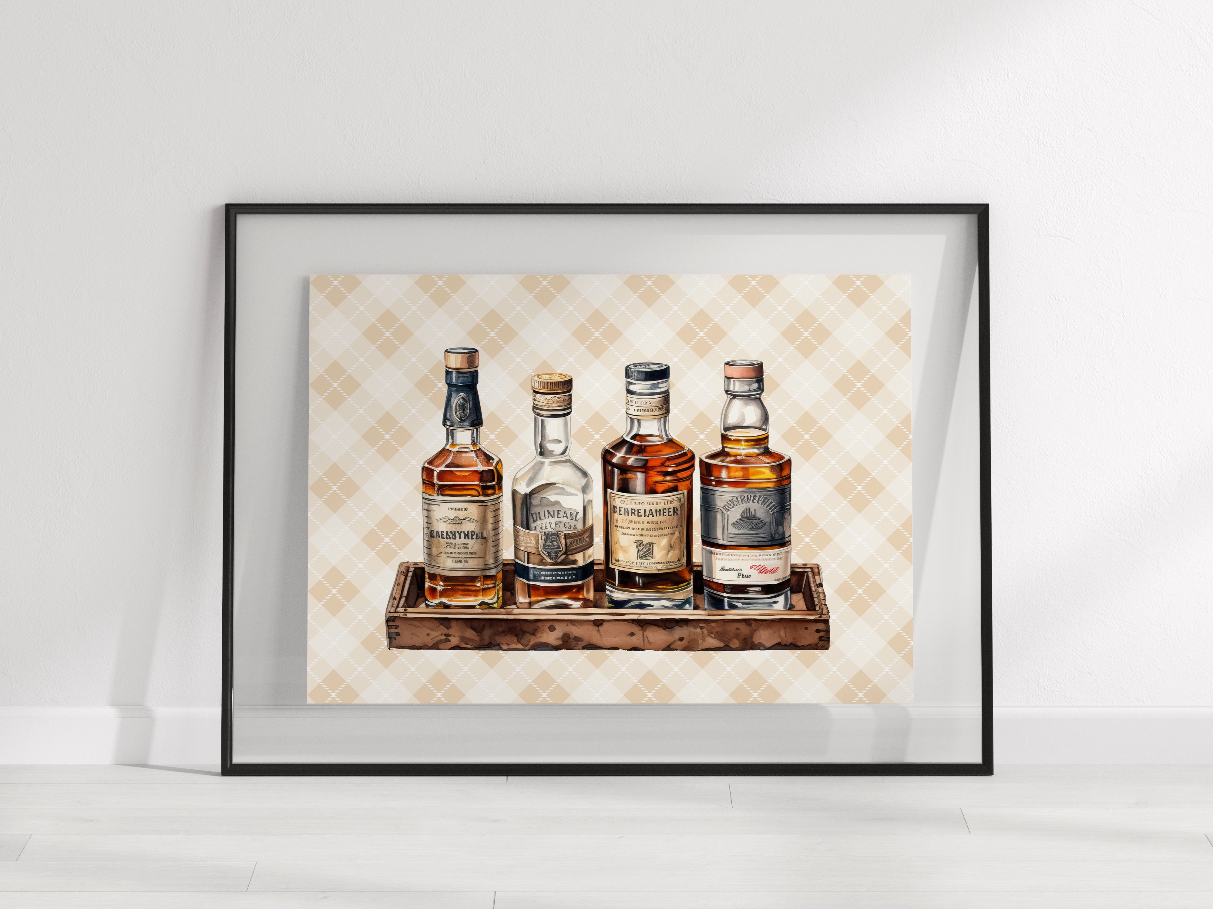 Whiskey Bottles Watercolor Art Print – Rustic Row on Brown Tray with Soft Yellow Plaid Background | Vertical & Horizontal Options | Horse and Whiskey Collection