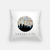 Kansas City, Missouri map and skyline pillow, a circular city map with the skyline in silhouette