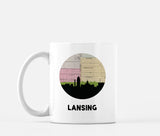 Lansing, Michigan map and skyline mug, a circular city map with the skyline in silhouette