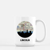 Lincoln, Nebraska map and skyline mug, a circular city map with the skyline in silhouette