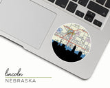 Lincoln, Nebraska map and skyline vinyl sticker, a circular city map with the skyline in silhouette