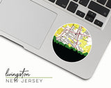 Livingston, New Jersey map and skyline vinyl sticker, a circular city map with the skyline in silhouette