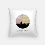 Lansing, Michigan map and skyline pillow, a circular city map with the skyline in silhouette
