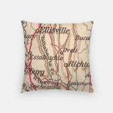 Back of the Laurel, Mississippi map and skyline pillow showing the full city map