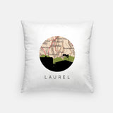 Laurel, Mississippi map and skyline pillow, a circular city map with the skyline in silhouette