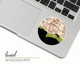 Laurel, Mississippi map and skyline vinyl sticker, a circular city map with the skyline in silhouette