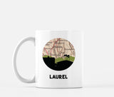 Laurel, Mississippi map and skyline mug, a circular city map with the skyline in silhouette
