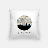 Lincoln, Nebraska map and skyline pillow, a circular city map with the skyline in silhouette