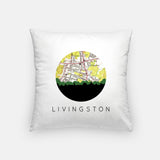 Livingston, New Jersey map and skyline pillow, a circular city map with the skyline in silhouette