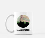 Manchester, New Hampshire map and skyline mug, a circular city map with the skyline in silhouette