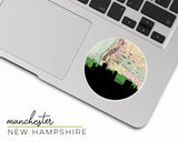 Manchester, New Hampshire map and skyline vinyl sticker, a circular city map with the skyline in silhouette