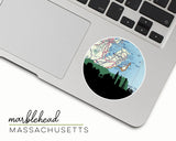 Marblehead, Massachusetts map and skyline vinyl sticker, a circular city map with the skyline in silhouette