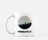 Minneapolis, Minnesota map and skyline mug, a circular city map with the skyline in silhouette