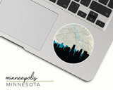 Minneapolis, Minnesota map and skyline vinyl sticker, a circular city map with the skyline in silhouette