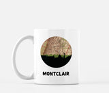Montclair, New Jersey map and skyline mug, a circular city map with the skyline in silhouette