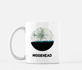Moorhead, Minnesota map and skyline mug, a circular city map with the skyline in silhouette