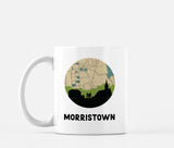 Morristown, New Jersey map and skyline mug, a circular city map with the skyline in silhouette