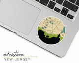 Morristown, New Jersey map and skyline vinyl sticker, a circular city map with the skyline in silhouette