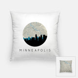 Minneapolis, Minnesota map and skyline pillow, a circular city map with the skyline in silhouette