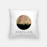 Montclair, New Jersey map and skyline pillow, a circular city map with the skyline in silhouette