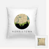 Morristown, New Jersey map and skyline pillow, a circular city map with the skyline in silhouette