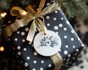 North Carolina christmas ornament with blue and white flowers