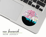 New Brunswick, New Jersey map and skyline vinyl sticker, a circular city map with the skyline in silhouette
