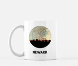 Newark, New Jersey map and skyline mug, a circular city map with the skyline in silhouette