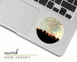 Newark, New Jersey map and skyline vinyl sticker, a circular city map with the skyline in silhouette