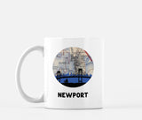 Newport, Rhode Island map and skyline mug, a circular city map with the skyline in silhouette