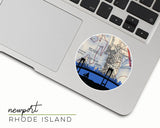 Newport, Rhode Island map and skyline vinyl sticker, a circular city map with the skyline in silhouette