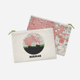 Norman, Oklahoma map and skyline zipper pouch, a circular city map with the skyline in silhouette