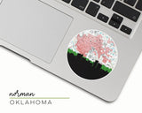 Norman, Oklahoma map and skyline vinyl sticker, a circular city map with the skyline in silhouette