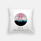 New Brunswick, New Jersey map and skyline pillow, a circular city map with the skyline in silhouette
