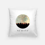 Newark, New Jersey map and skyline pillow, a circular city map with the skyline in silhouette