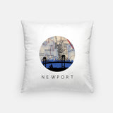 Newport, Rhode Island map and skyline pillow, a circular city map with the skyline in silhouette