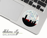 Oklahoma City, Oklahoma map and skyline vinyl sticker, a circular city map with the skyline in silhouette