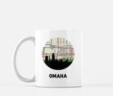 Omaha, Nebraska map and skyline mug, a circular city map with the skyline in silhouette
