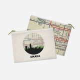 Omaha, Nebraska map and skyline zipper pouch, a circular city map with the skyline in silhouette