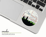 Omaha, Nebraska map and skyline vinyl sticker, a circular city map with the skyline in silhouette