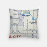 Back of the Oklahoma City, Oklahoma map and skyline pillow showing the full city map