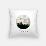 Omaha, Nebraska map and skyline pillow, a circular city map with the skyline in silhouette
