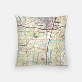 Back of the Oxford, Mississippi map and skyline pillow showing the full city map